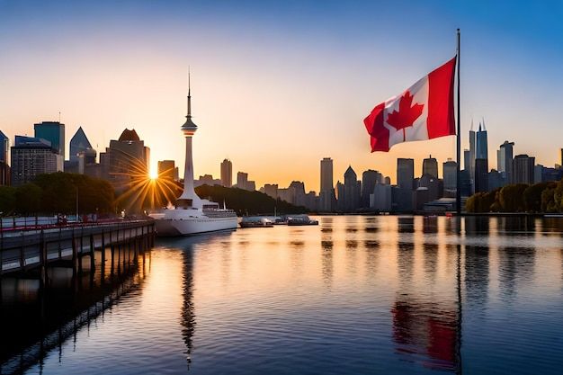 Eine kanadische Flagge weht vor der Skyline einer Stadt_ _ Premium Foto